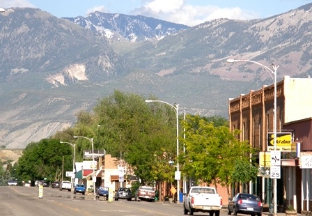 Downtown Hotchkiss Colorado with West Elk Mountains beyond.